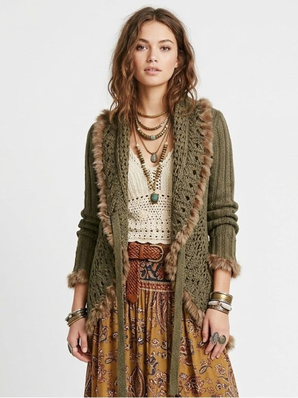Boho Goblincore Open Knit Crochet Shawl Cardigan Rabbit Fur Mandala Earthy Cozy